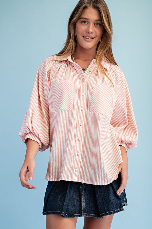 Sara Striped Balloon Sleeve Button Down Top ~ Rose