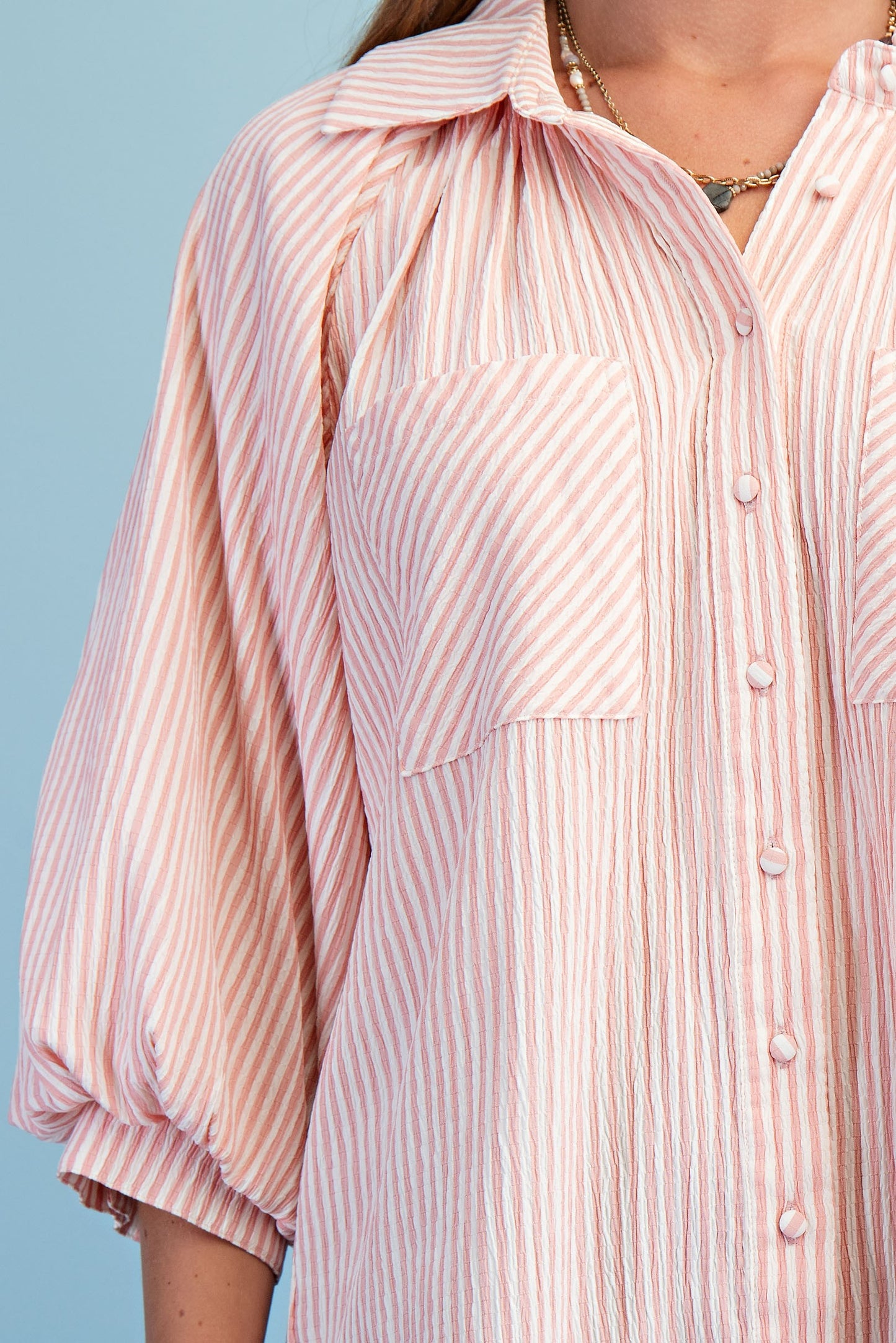 Sara Striped Balloon Sleeve Button Down Top ~ Rose