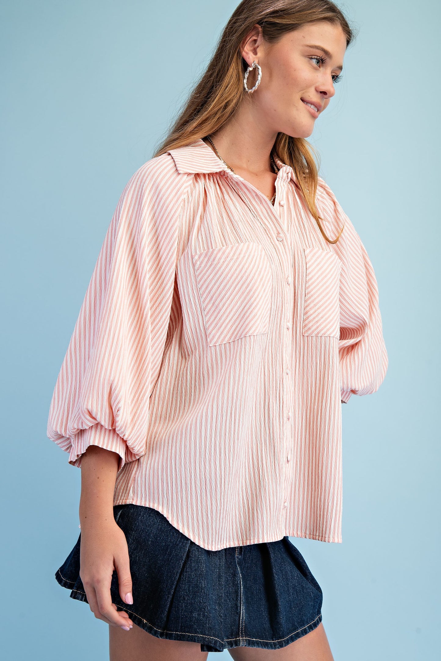 Sara Striped Balloon Sleeve Button Down Top ~ Rose