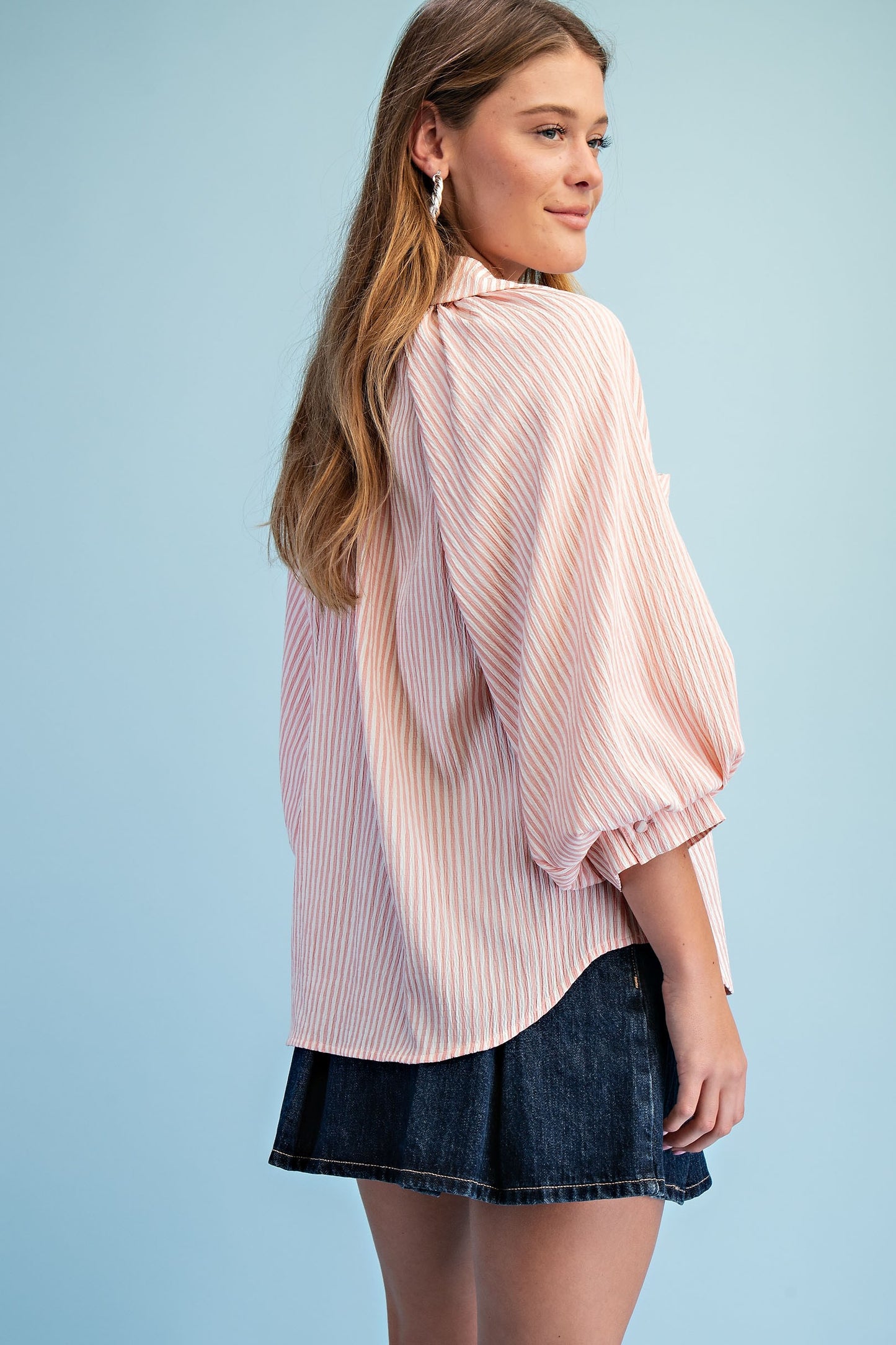 Sara Striped Balloon Sleeve Button Down Top ~ Rose