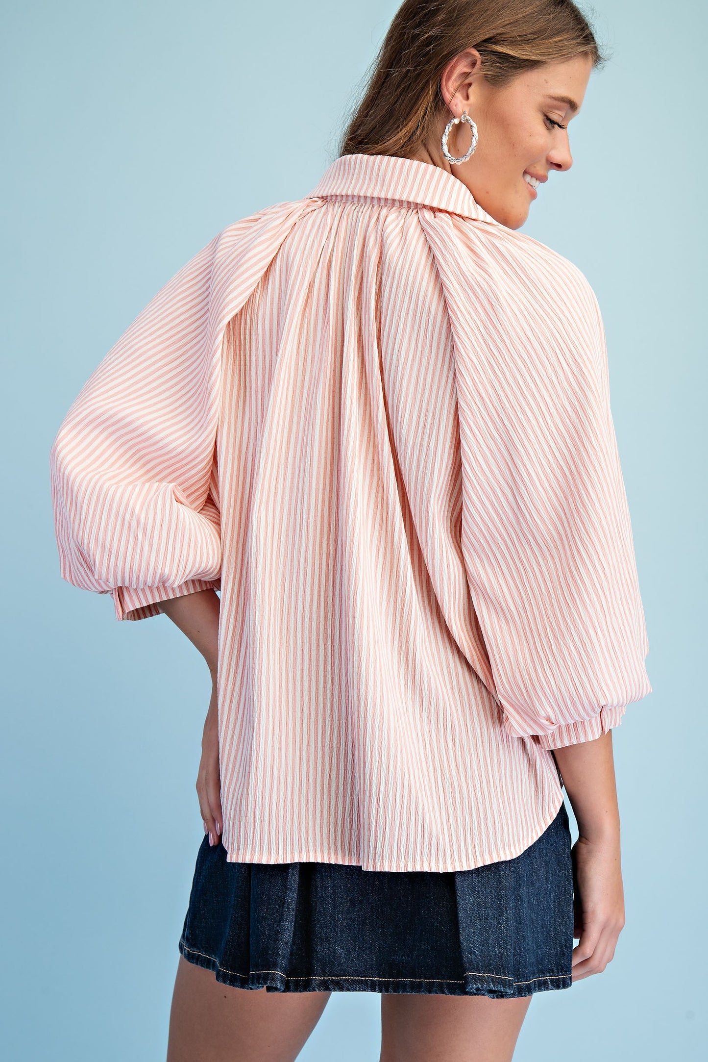 Sara Striped Balloon Sleeve Button Down Top ~ Rose