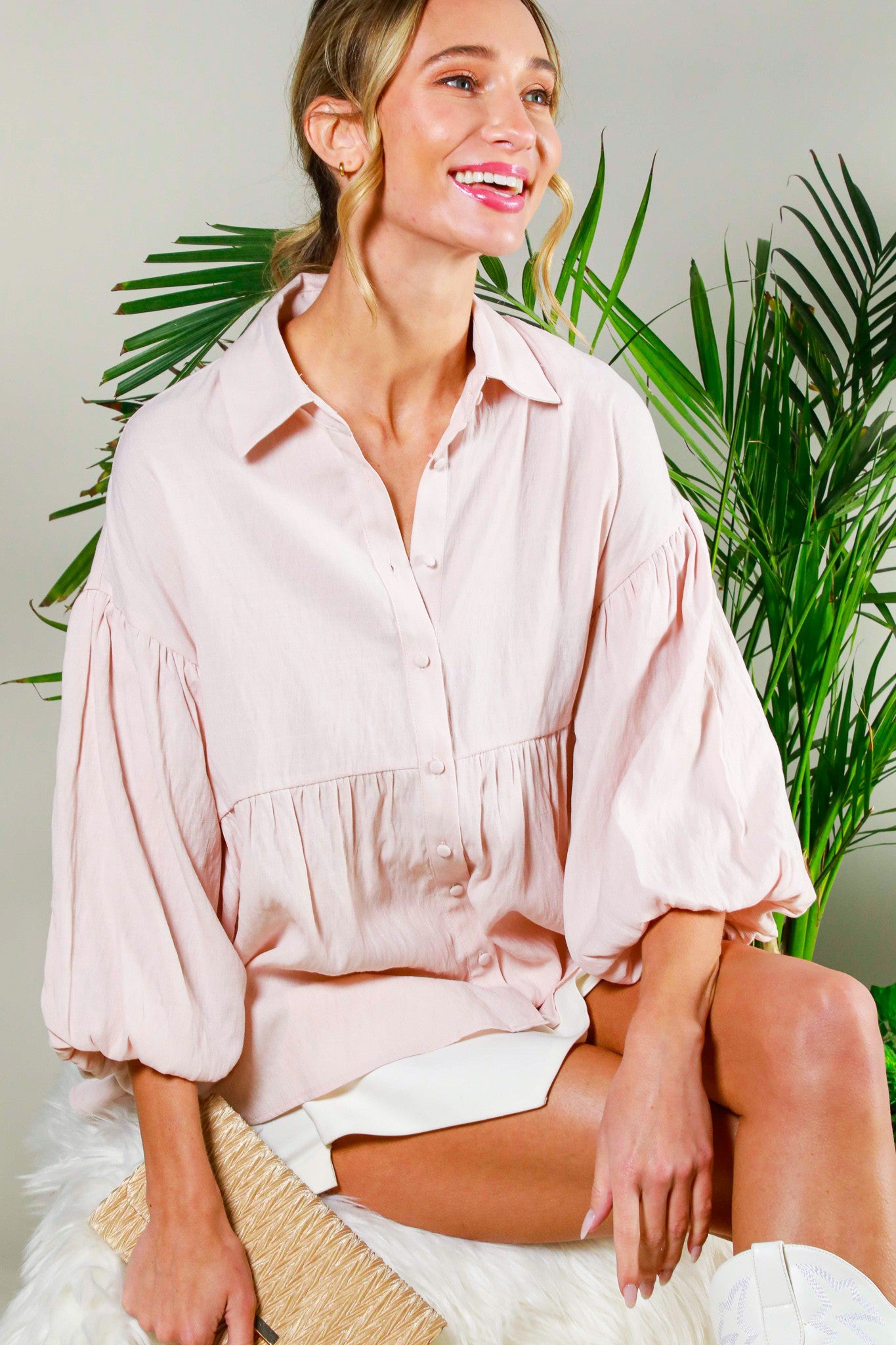 Bevie Balloon Sleeve Button-Up Top ~ Taupe