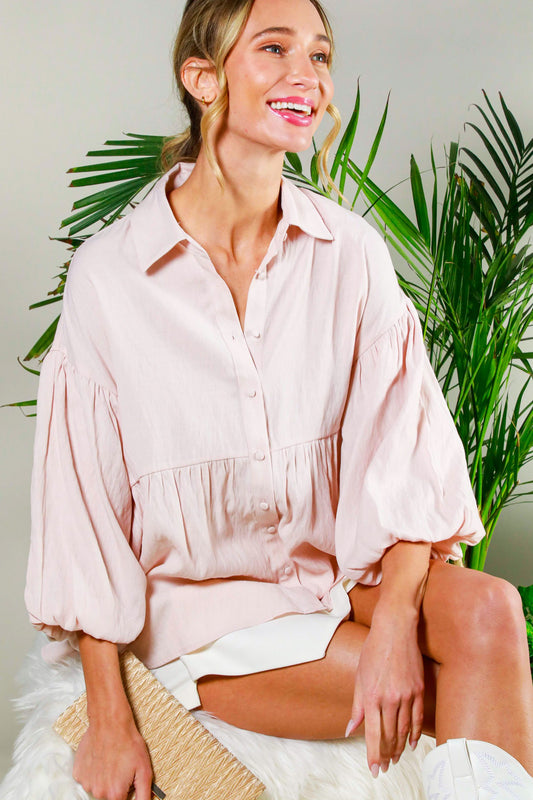 Bevie Balloon Sleeve Button-Up Top ~ Taupe