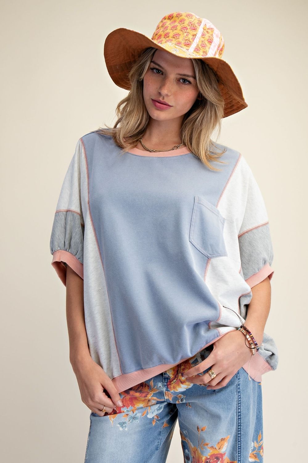 Raye Color Block Mineral Washed Top ~ Denim Grey