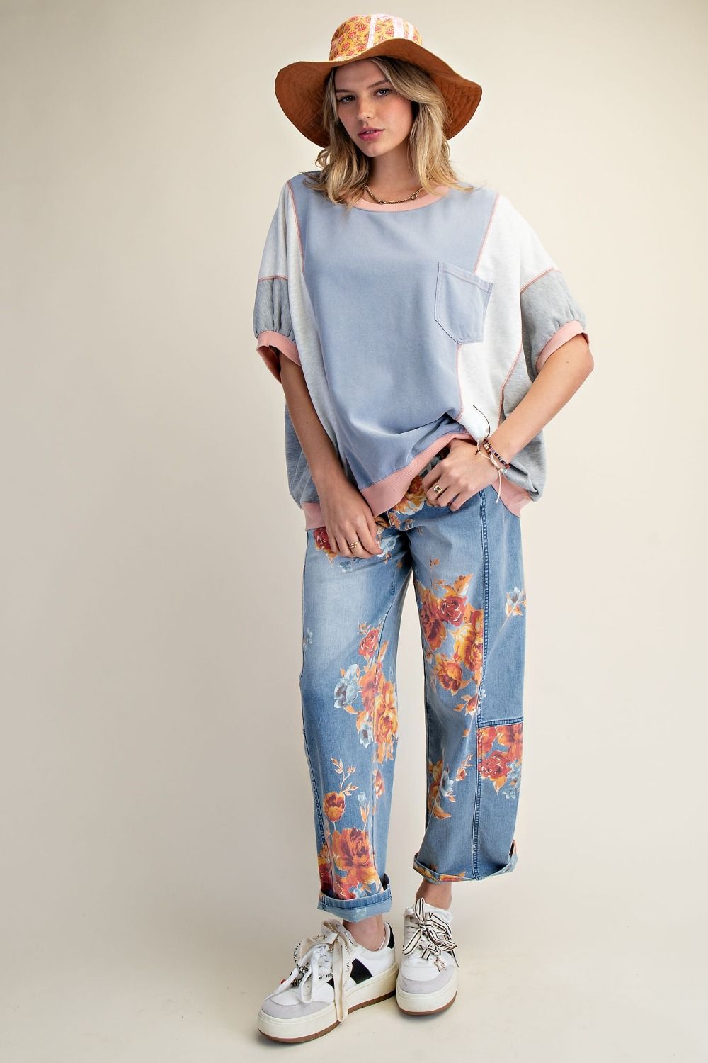 Raye Color Block Mineral Washed Top ~ Denim Grey