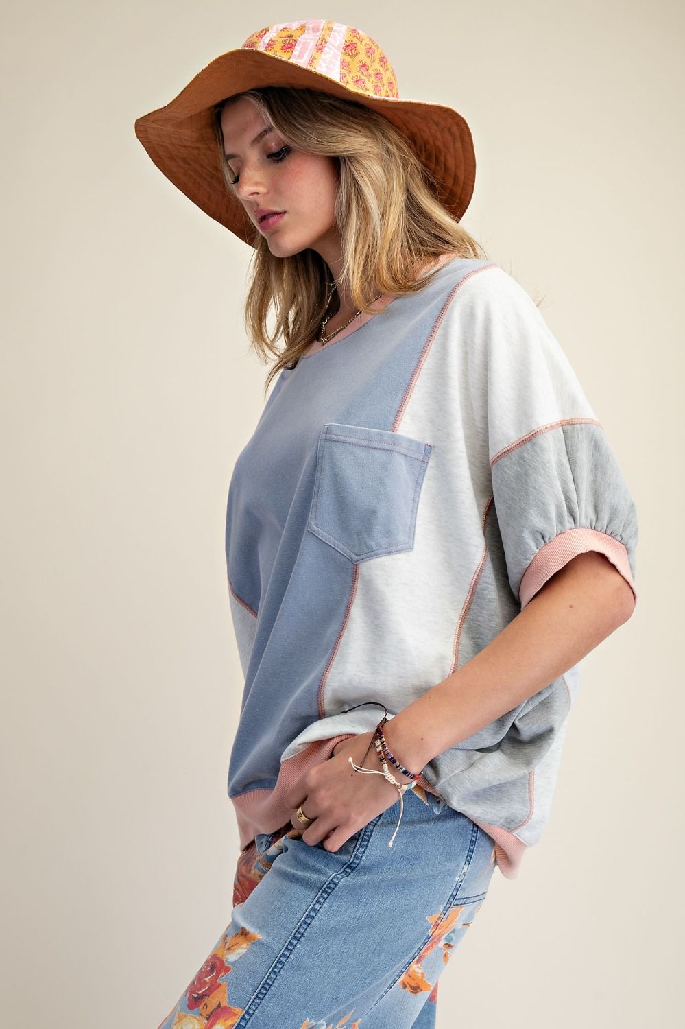 Raye Color Block Mineral Washed Top ~ Denim Grey