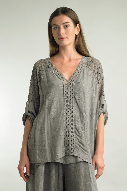 Eloise Lace & Embroidered Top ~ Taupe