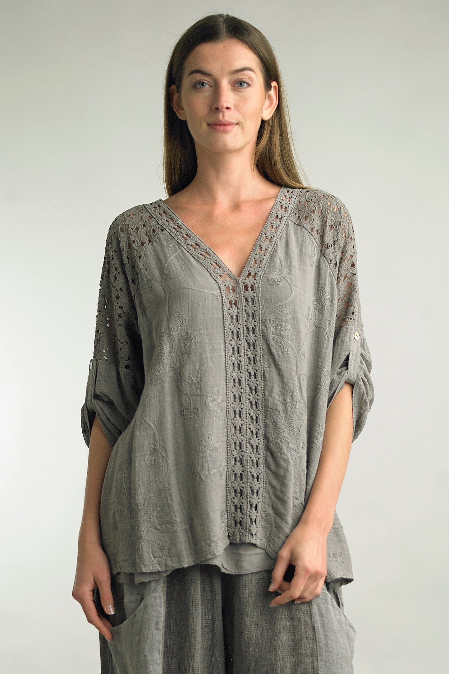Eloise Lace & Embroidered Top ~ Taupe