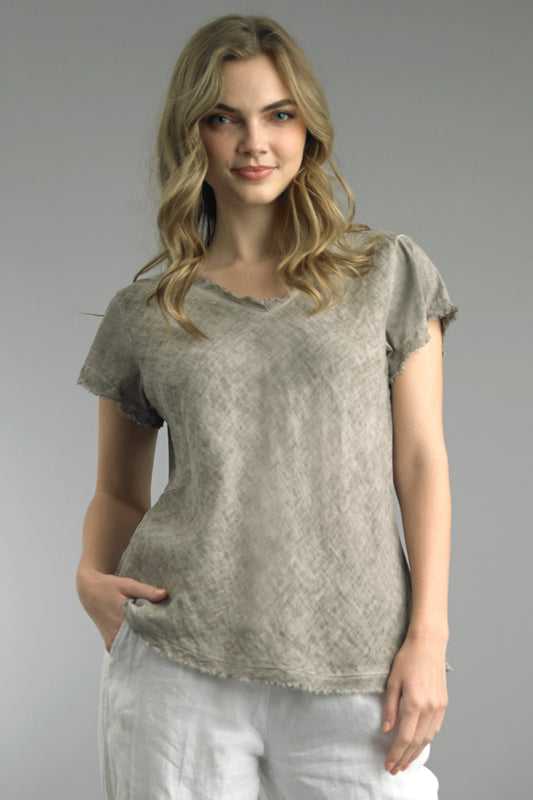 Sage Linen V Neck Frayed Edge Top ~ Taupe