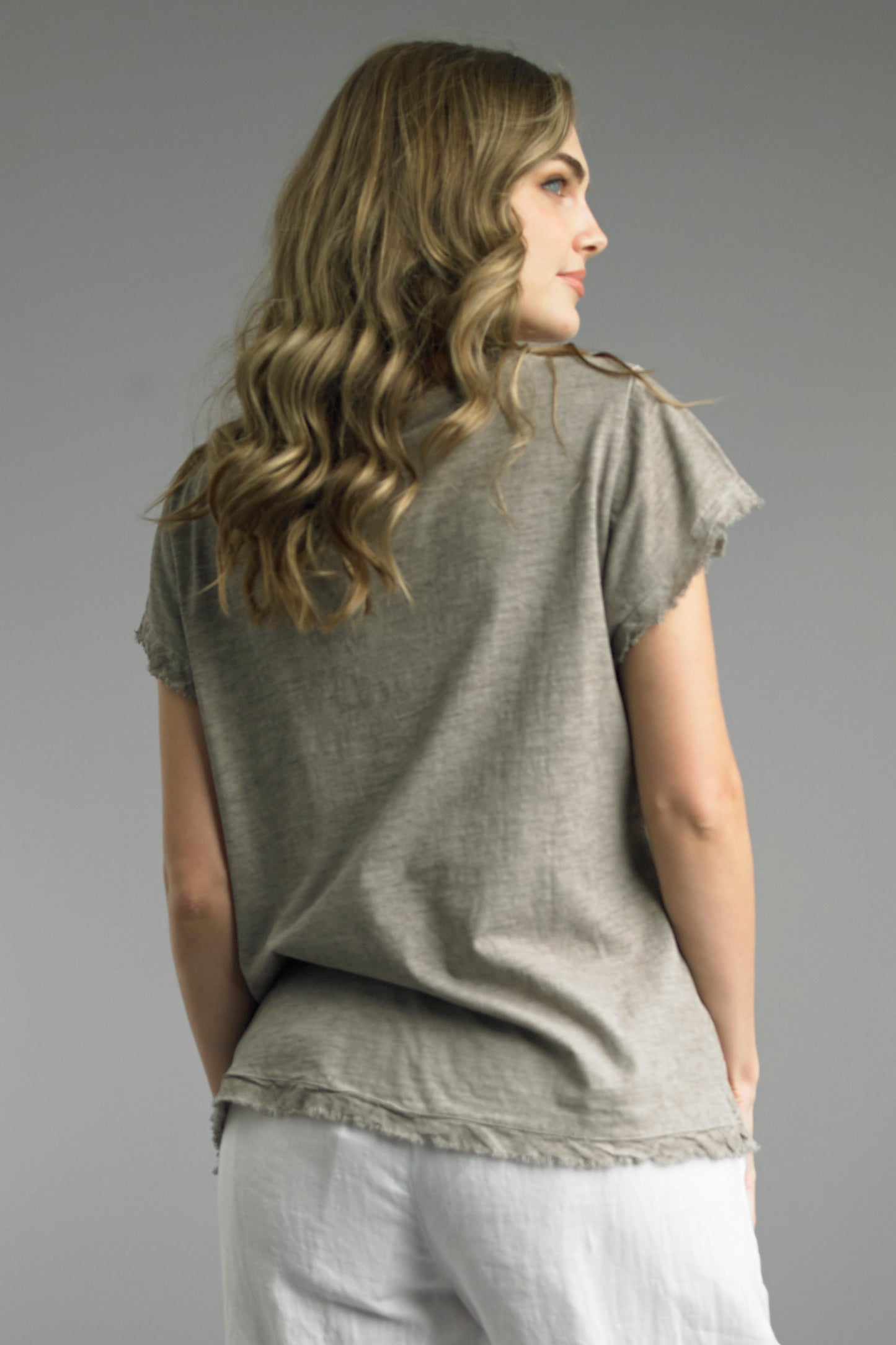 Sage Linen V Neck Frayed Edge Top ~ Taupe