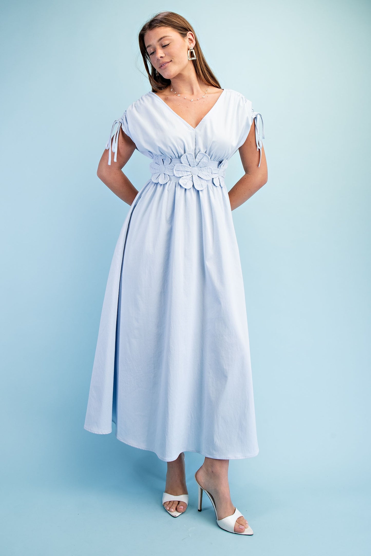 Francesca Floral Applique V Neck Maxi Dress ~ Light Blue