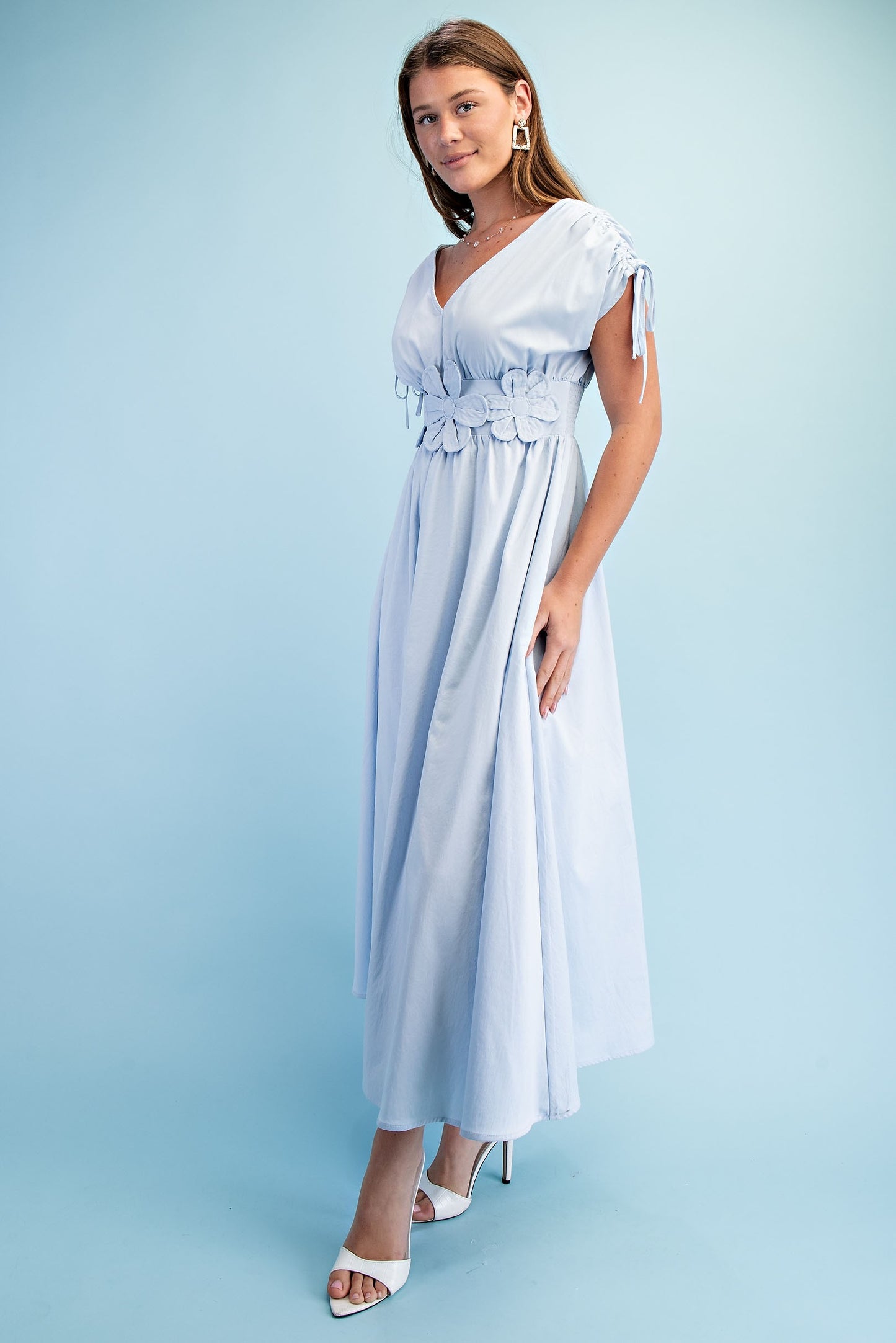 Francesca Floral Applique V Neck Maxi Dress ~ Light Blue