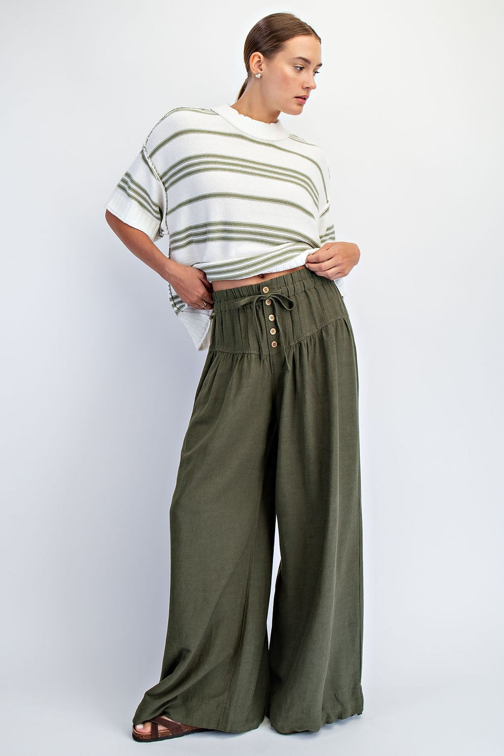 Lauren Linen Blended Pleated Pants ~ Olive