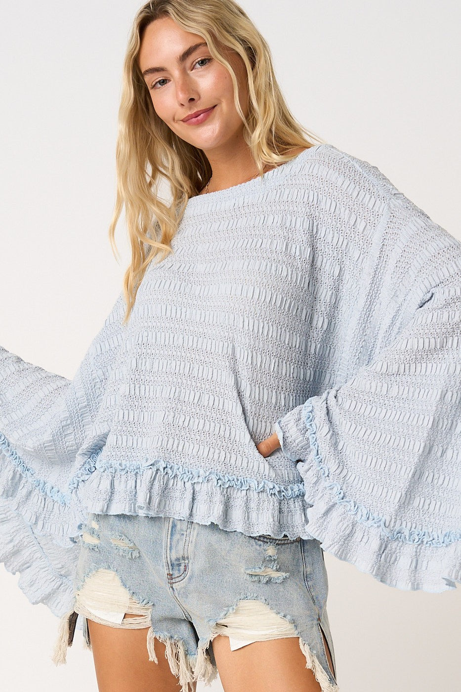 Angel Flowy Batwing Sleeve Ruffle Hem Top ~ Sky Blue