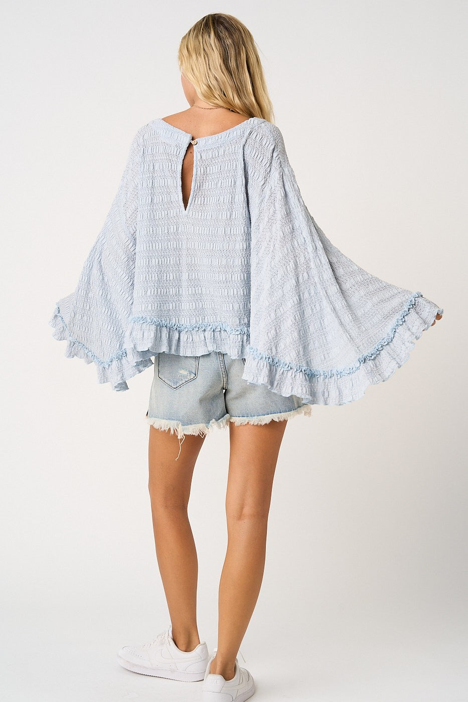Angel Flowy Batwing Sleeve Ruffle Hem Top ~ Sky Blue