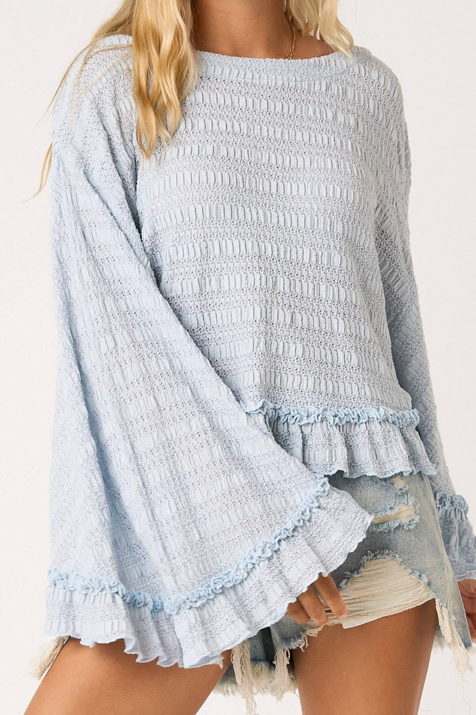 Angel Flowy Batwing Sleeve Ruffle Hem Top ~ Sky Blue