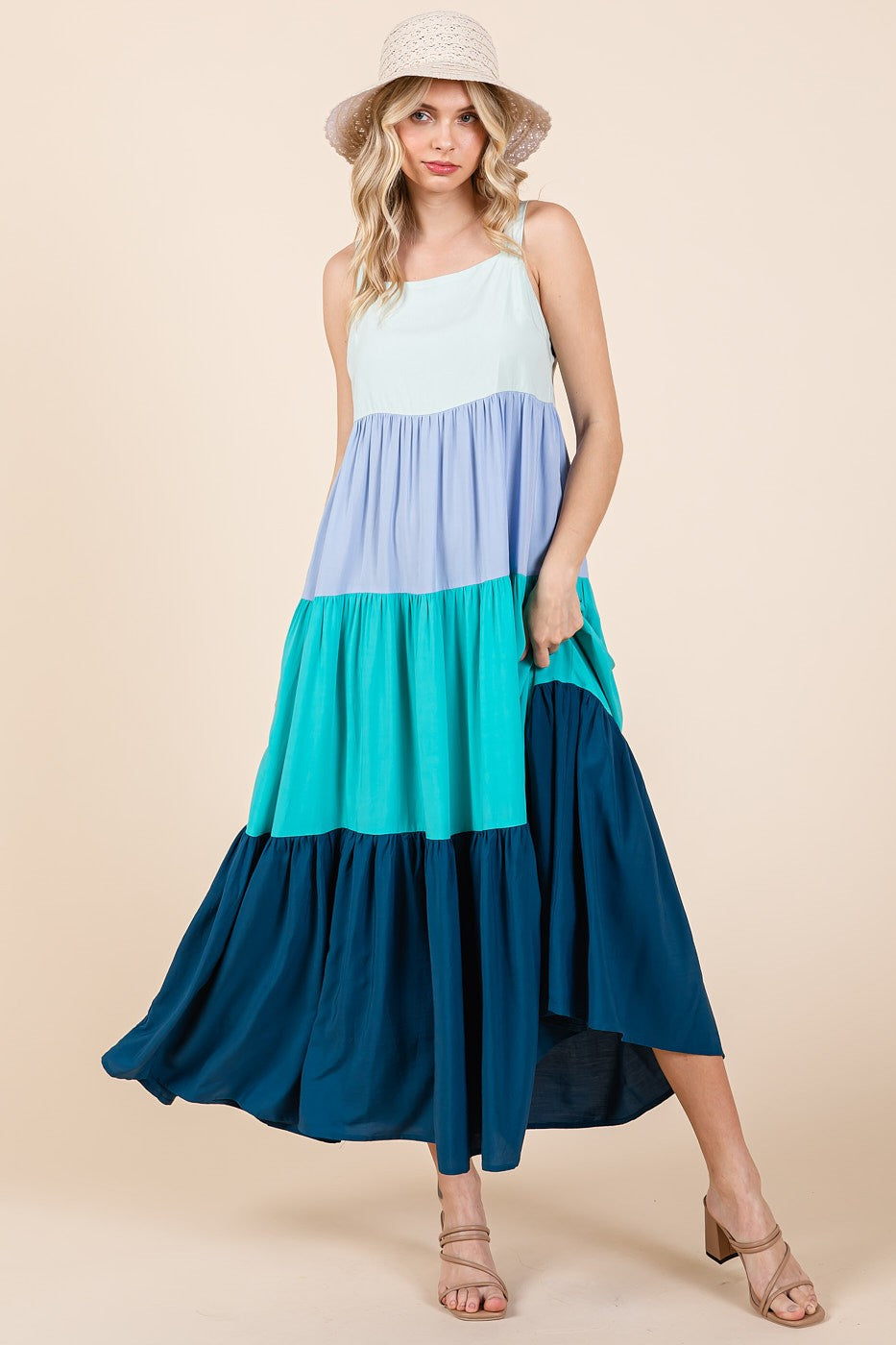 Carlie Color Block Tiered Maxi Dress ~ Blue Multi