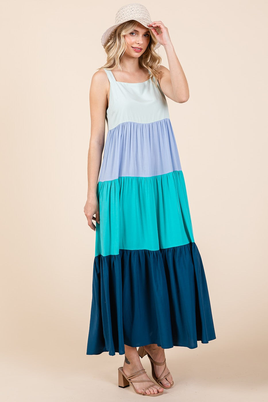Carlie Color Block Tiered Maxi Dress ~ Blue Multi