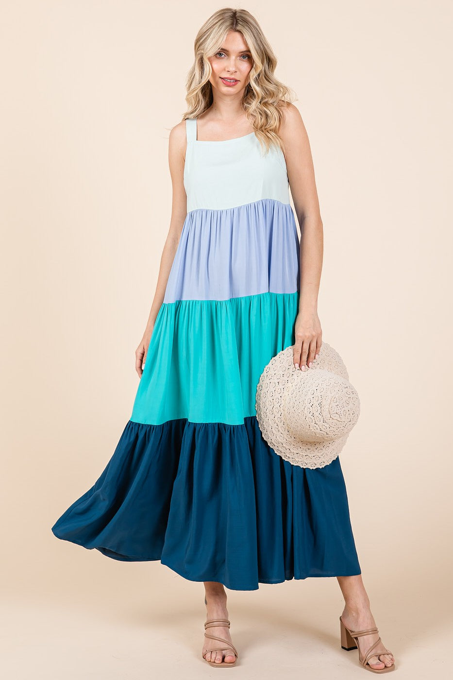 Carlie Color Block Tiered Maxi Dress ~ Blue Multi