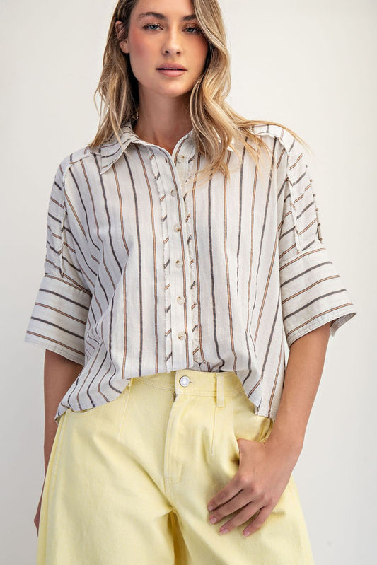 Seaside Cotton Striped Button Up Shirt ~ Natural