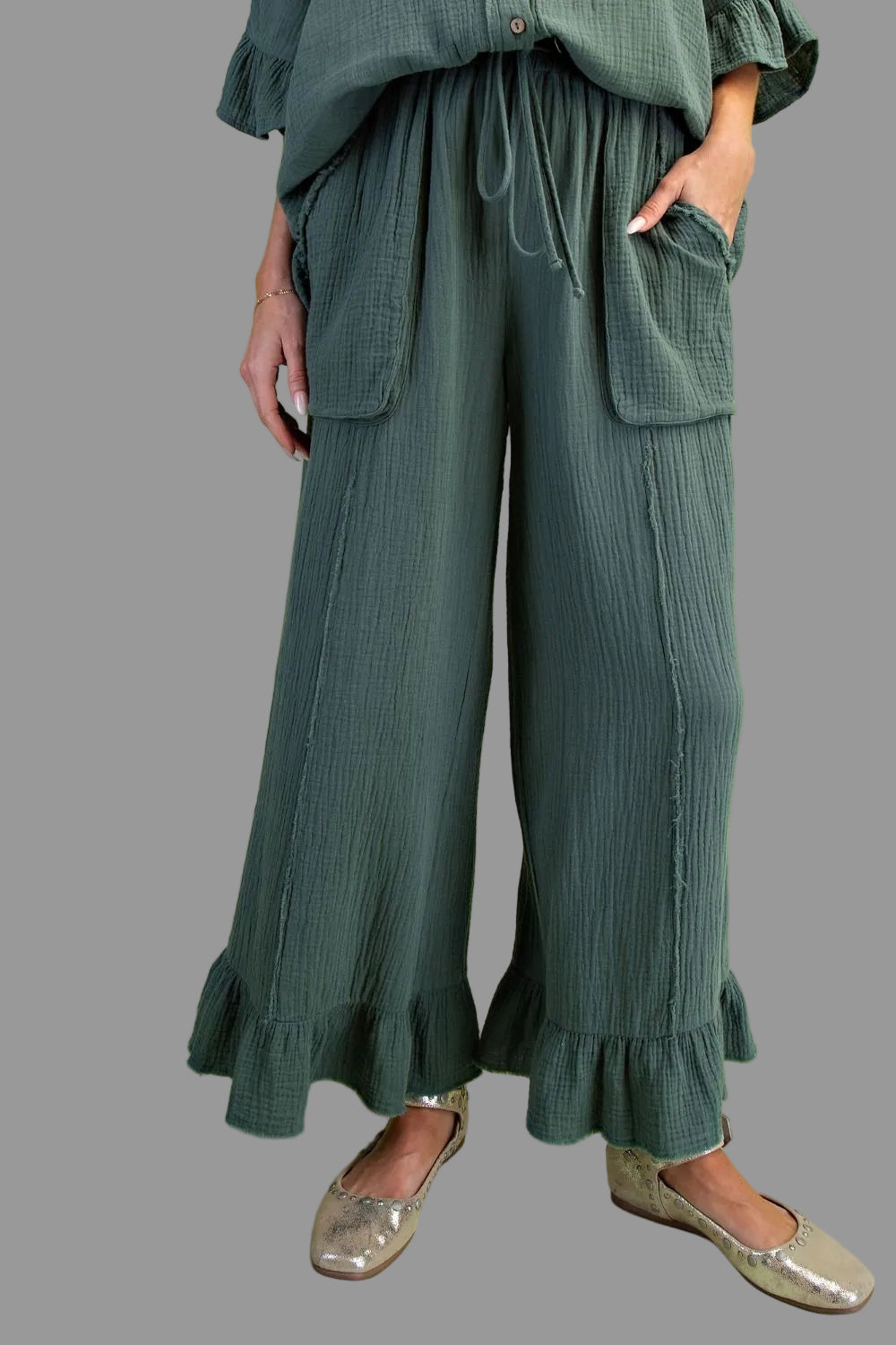 Carley Cotton Gauze Pants ~ Teal Green