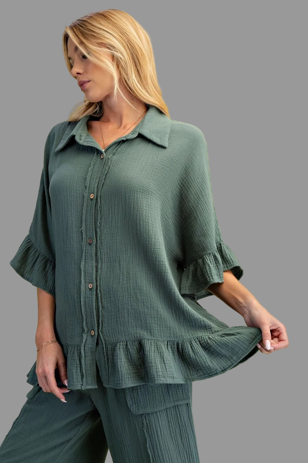 Carley Cotton Gauze Ruffle Top ~Teal Green
