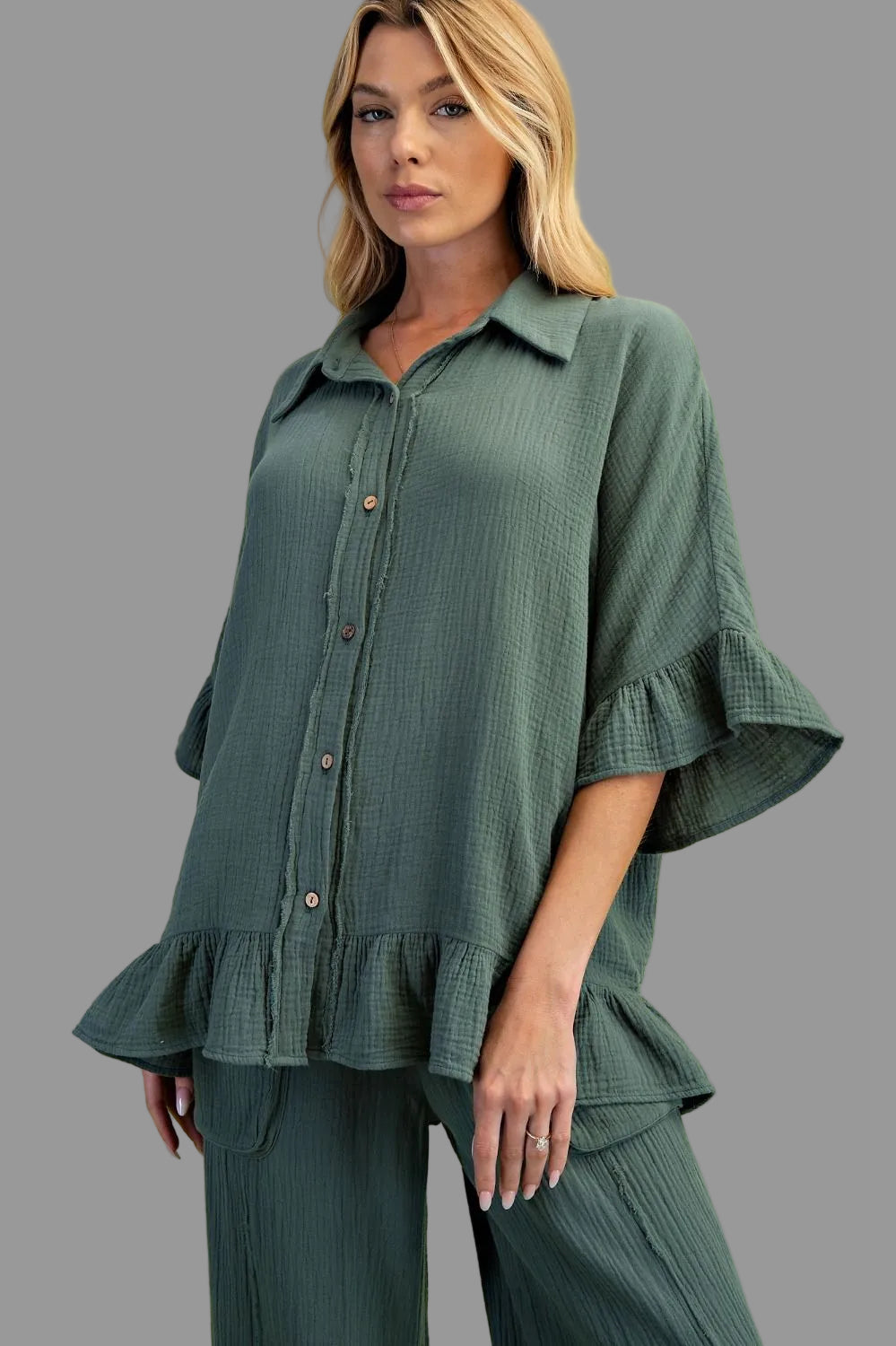 Carley Cotton Gauze Ruffle Top ~Teal Green