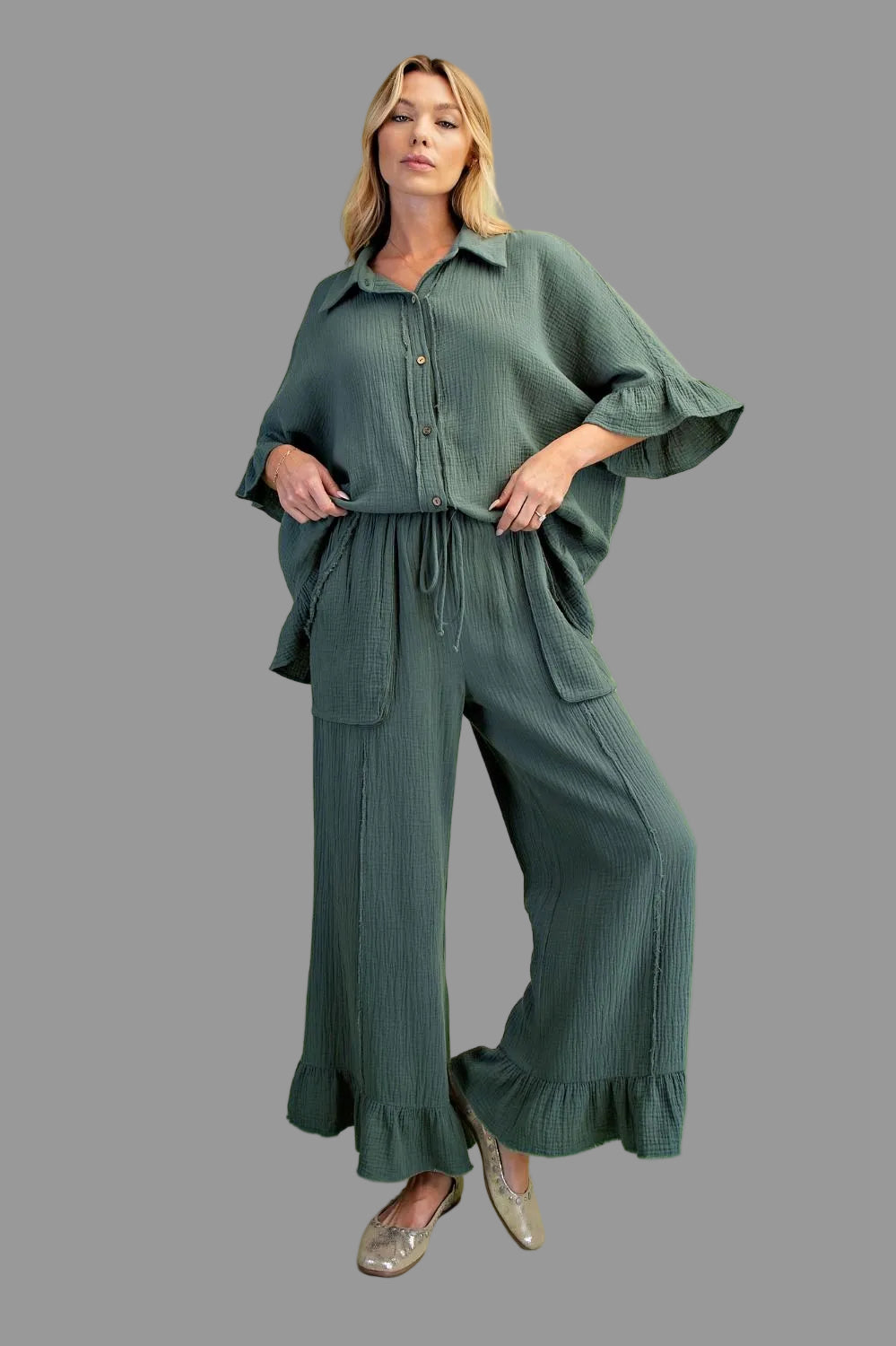 Carley Cotton Gauze Ruffle Top ~Teal Green