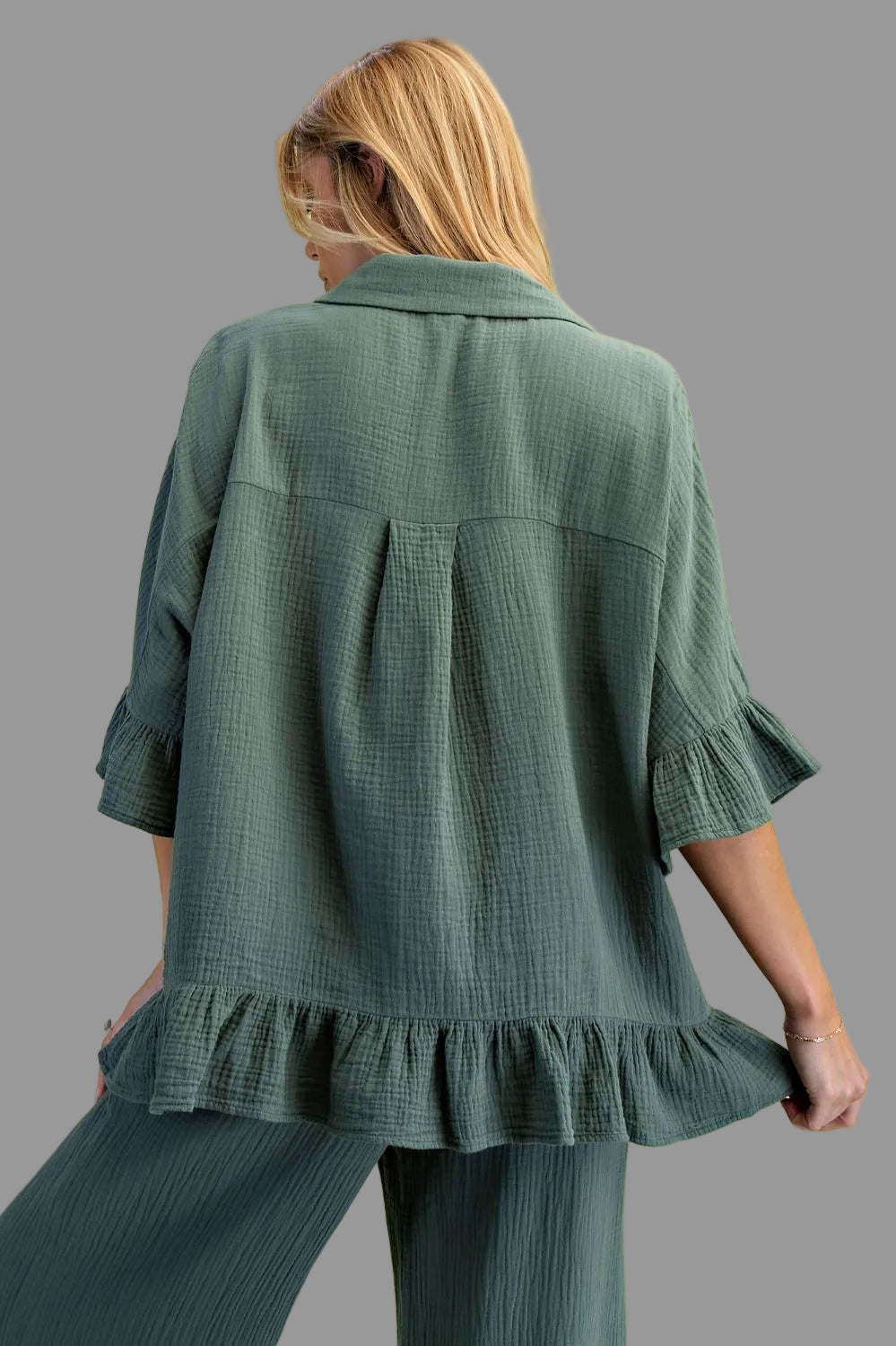 Carley Cotton Gauze Ruffle Top ~Teal Green