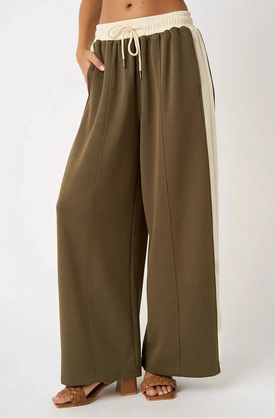 Carley Cloud Knit Contrast Stripe Wide Leg Lounge Pants ~ Olive