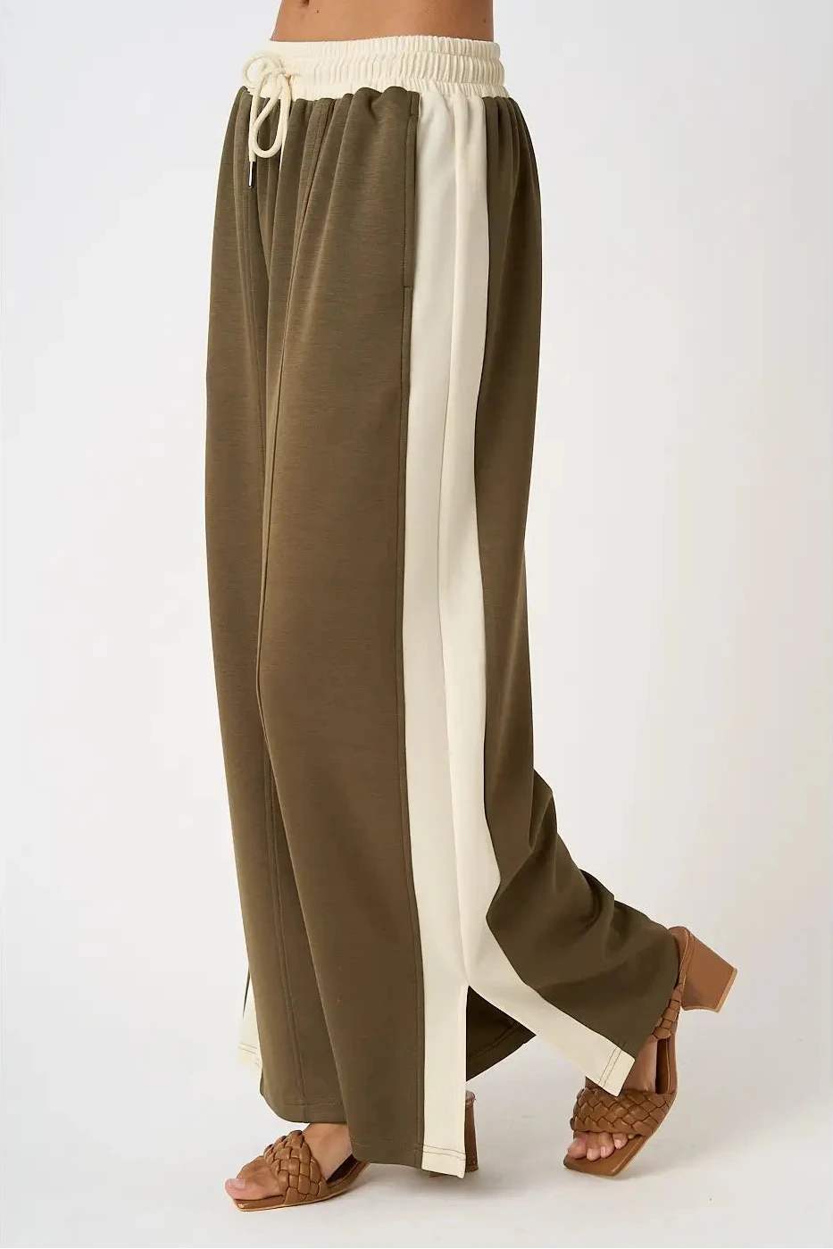 Carley Cloud Knit Contrast Stripe Wide Leg Lounge Pants ~ Olive