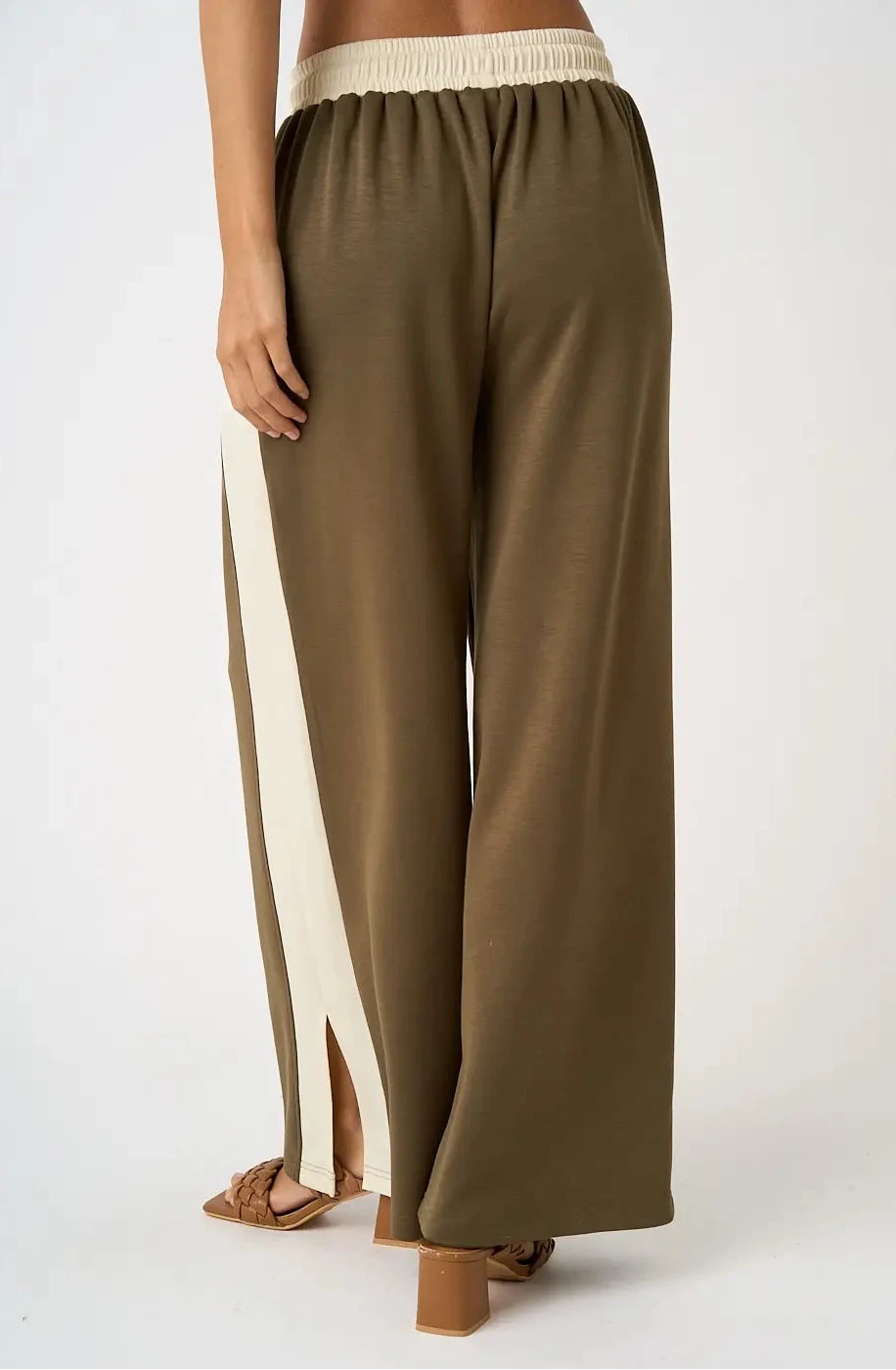 Carley Cloud Knit Contrast Stripe Wide Leg Lounge Pants ~ Olive