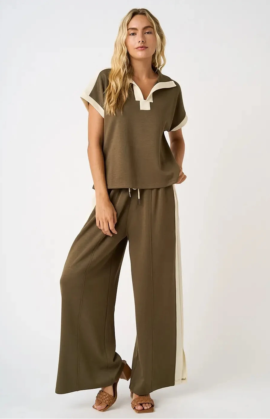 Carley Cloud Knit Contrast Stripe Wide Leg Lounge Pants ~ Olive