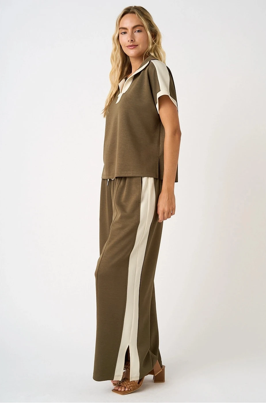 Carley Cloud Knit Contrast Stripe Wide Leg Lounge Pants ~ Olive