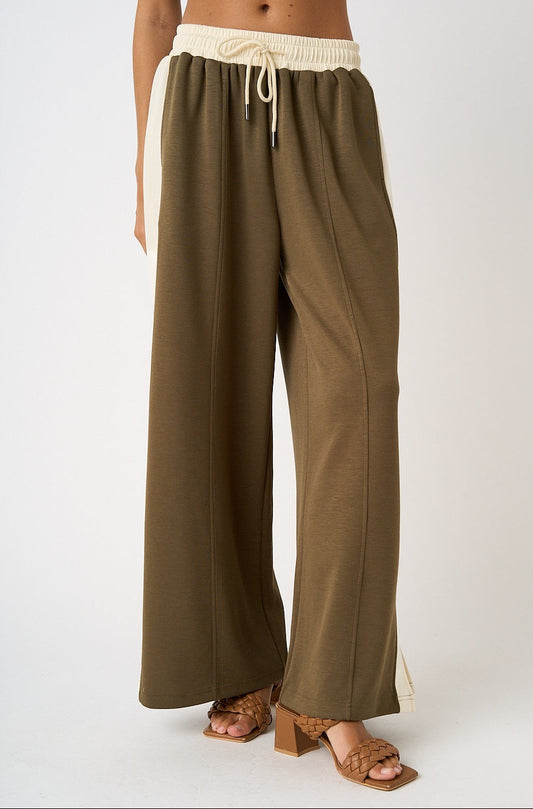 Carley Cloud Knit Contrast Stripe Wide Leg Lounge Pants ~ Olive