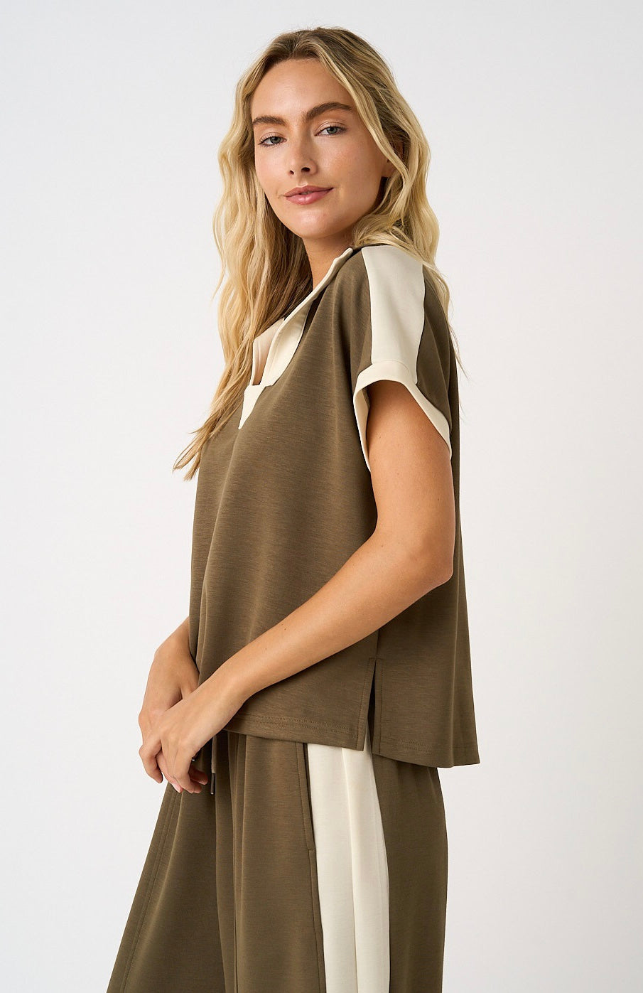 Carley Cloud Knit Contrast Stripe Polo Short Sleeve Top ~ Olive
