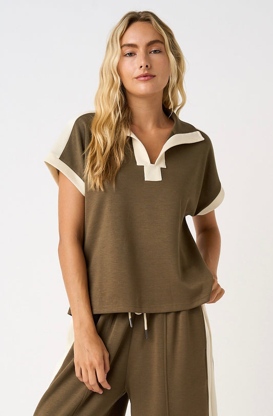 Carley Cloud Knit Contrast Stripe Polo Short Sleeve Top ~ Olive