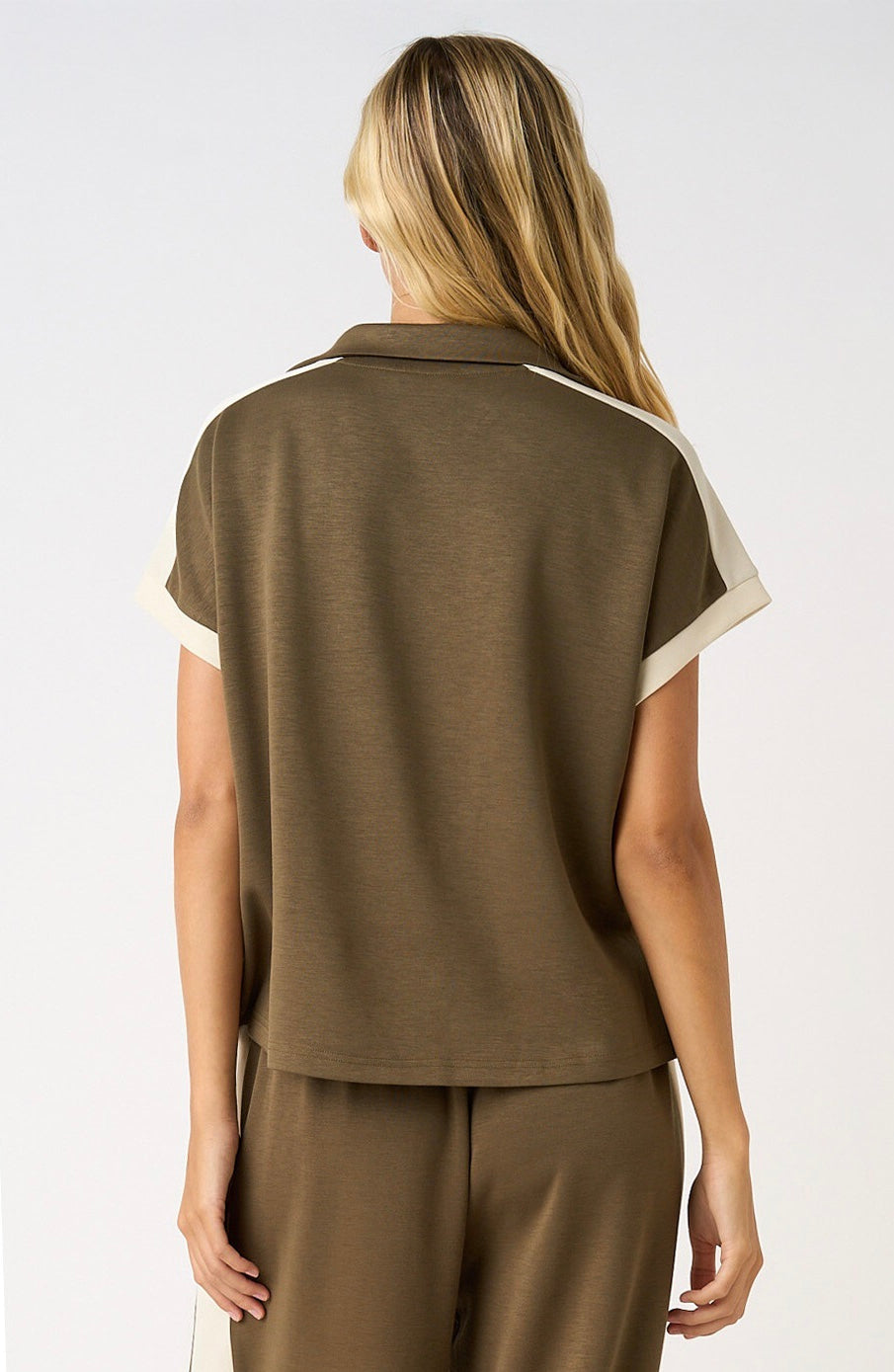 Carley Cloud Knit Contrast Stripe Polo Short Sleeve Top ~ Olive