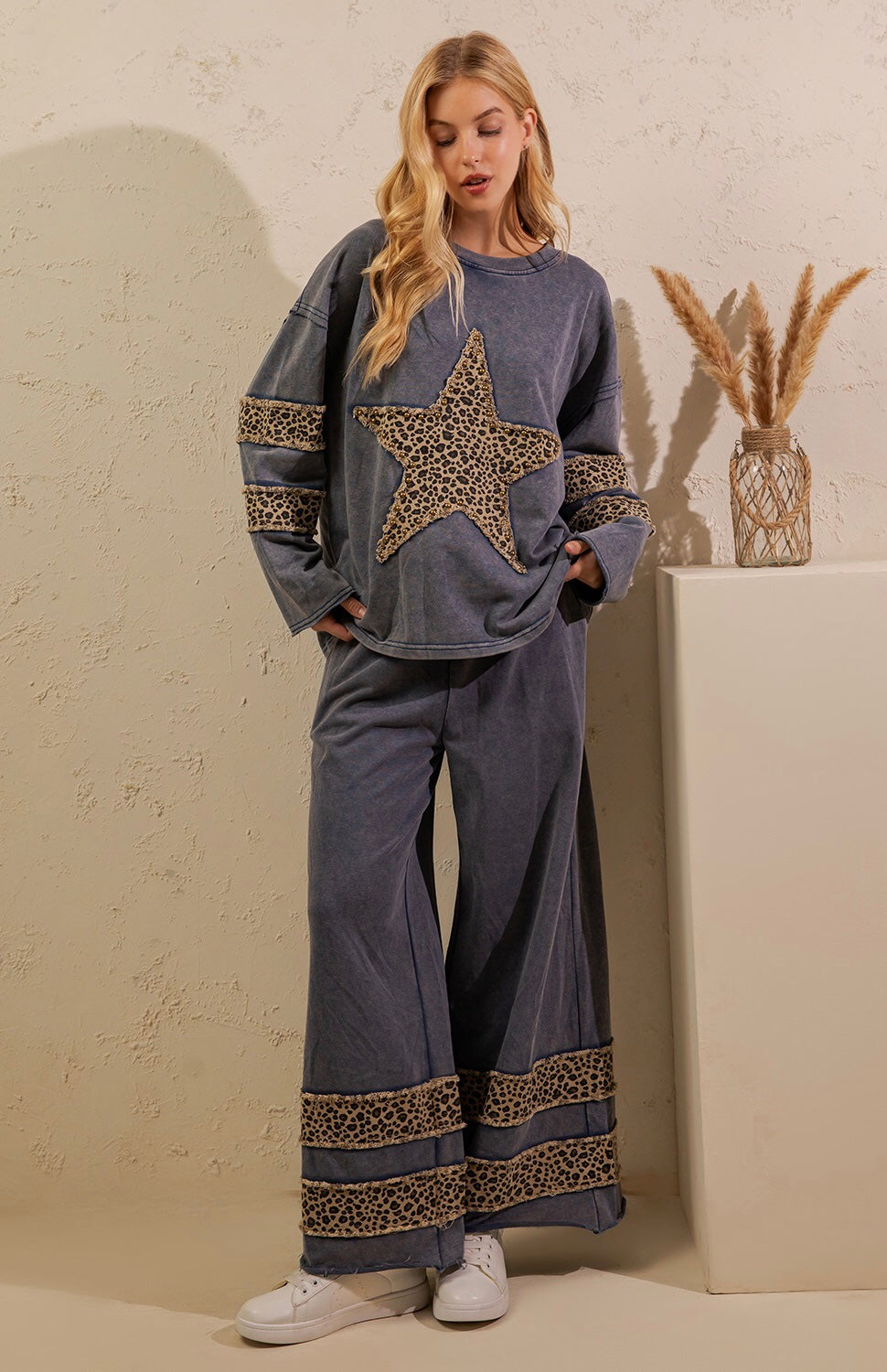 Lucia Leopard Star Mineral Wash Top ~ Denim