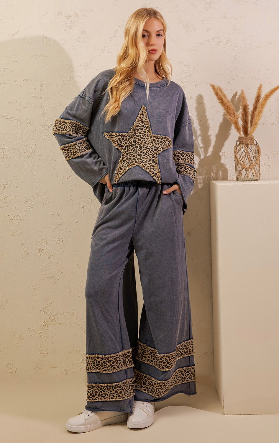 Lucia Leopard Star Mineral Wash Top ~ Denim