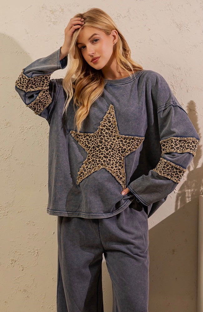Lucia Leopard Star Mineral Wash Top ~ Denim