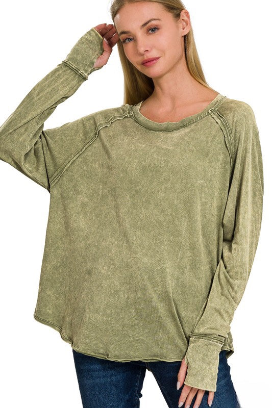 Krystal Mineral Washed Thumb Hole Cuffs Top ~ Light Olive