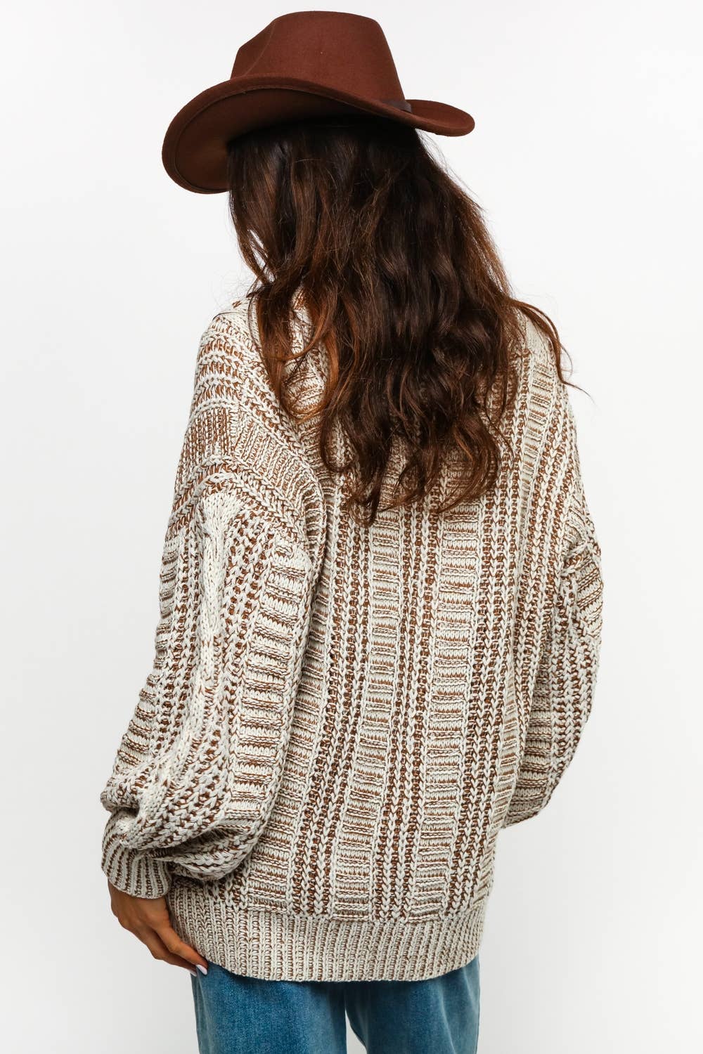 Tessa Two Tone Cable Chunky Sweater Cardigan ~ Oatmeal/Taupe