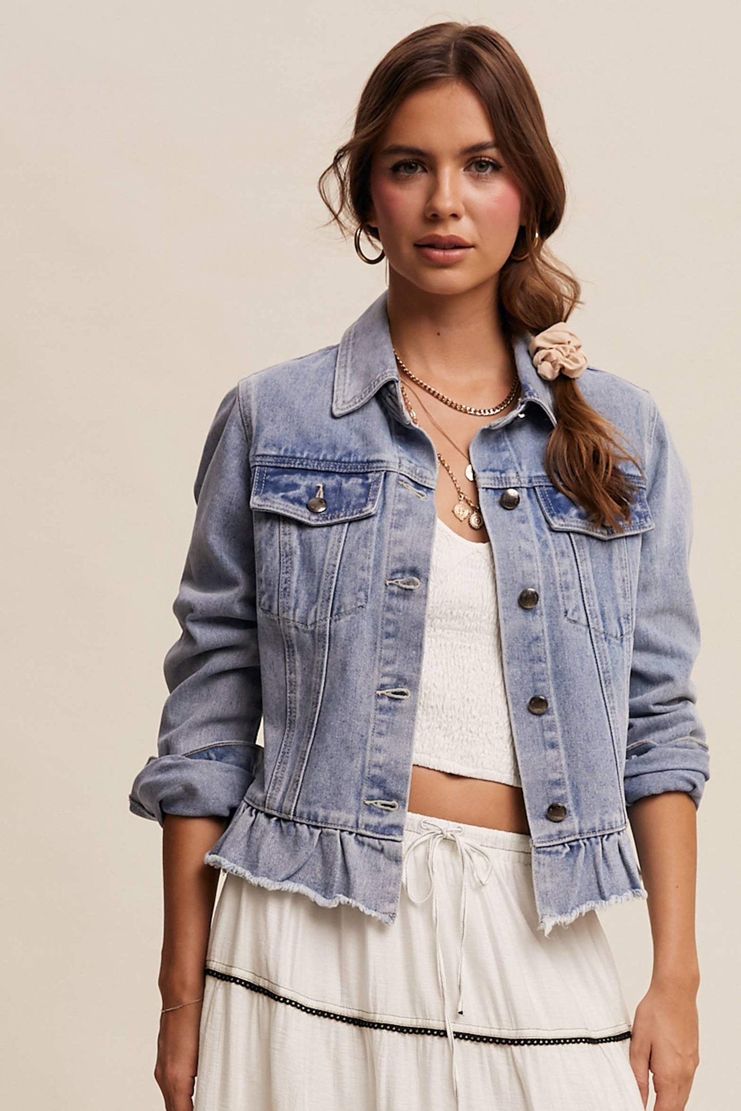 Regan Ruffled Hem Denim Jacket ~ Light Denim
