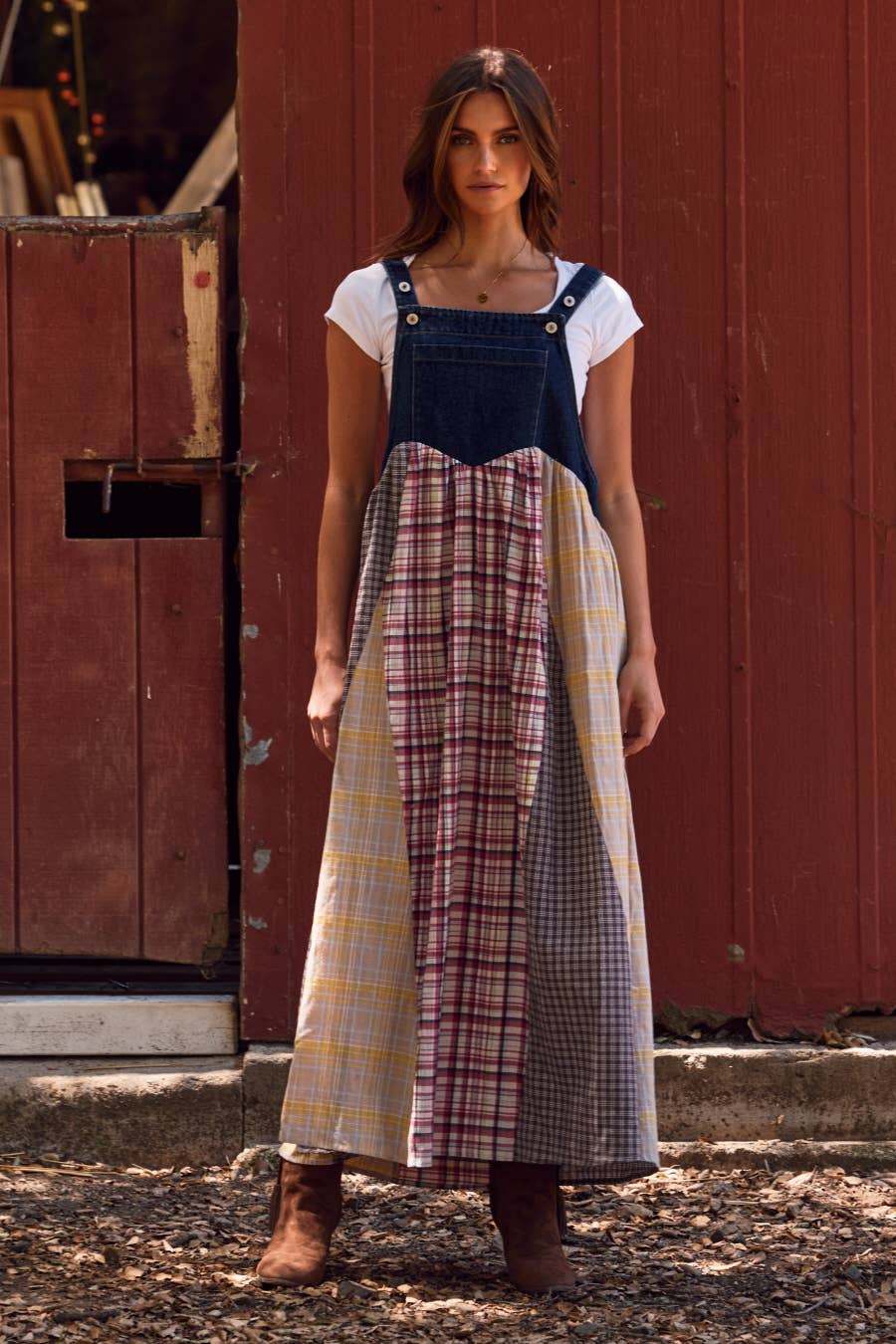 Penny Patchwork Plaid Overall Dress ~ Dark Denim
