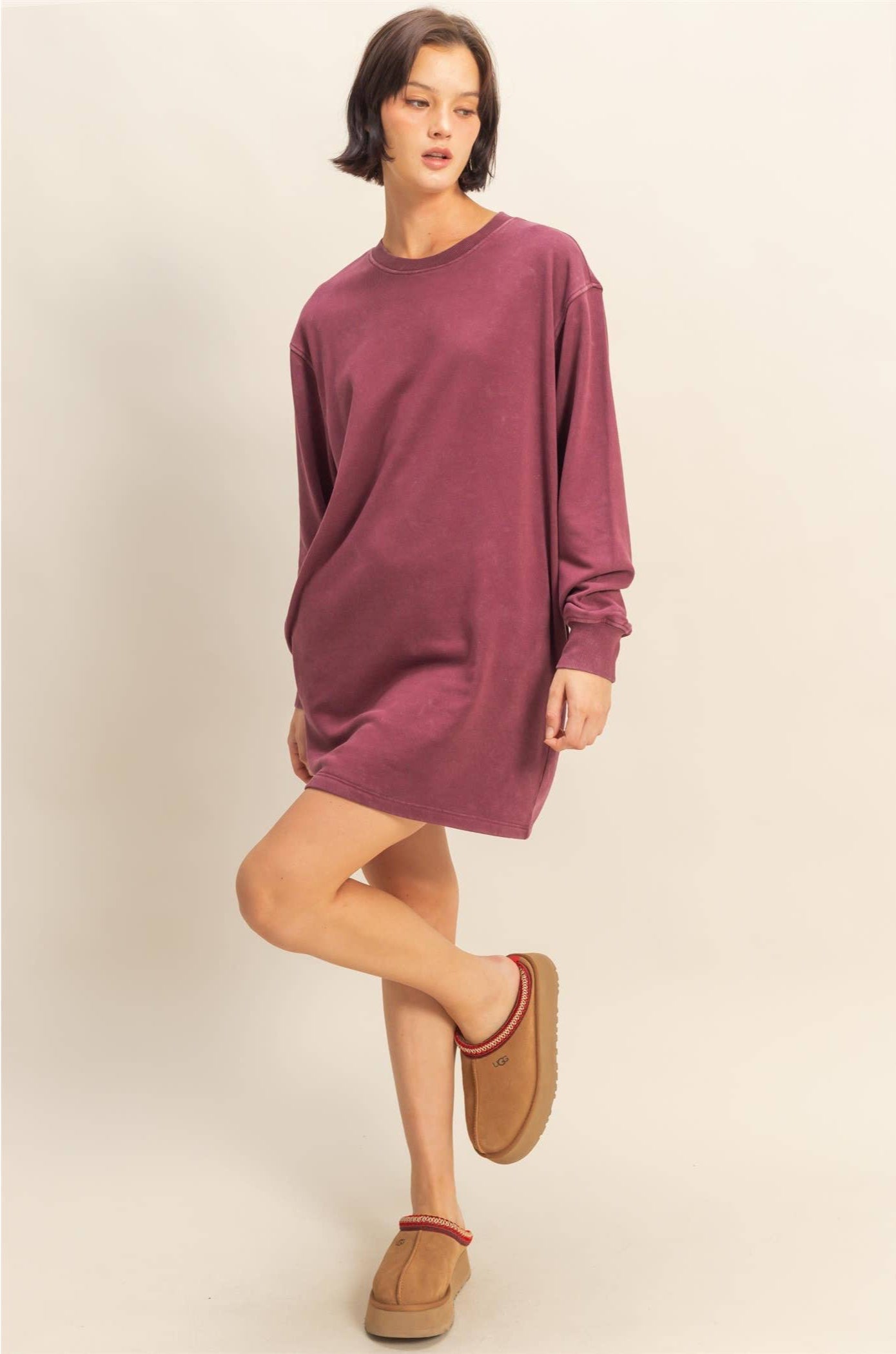 Mickie Mineral Washed Sweatshirt Dress ~ Dark Cherry
