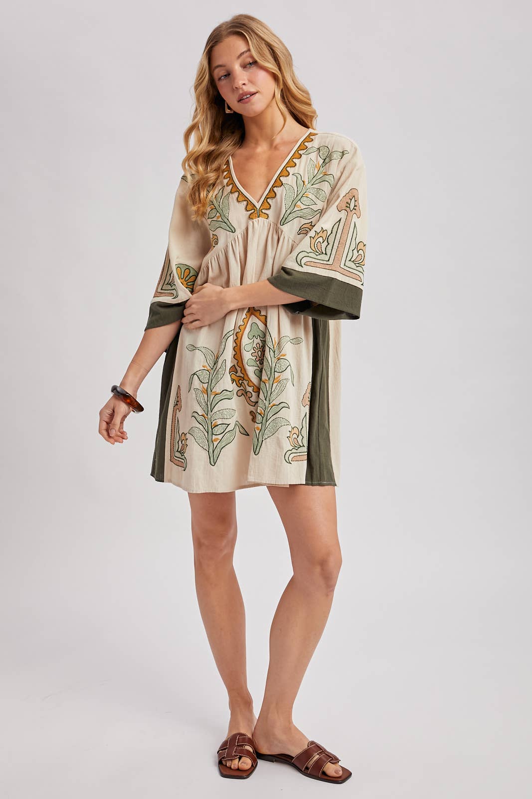 Blair Boho Embroidered V Neck Dress ~ Oatmeal