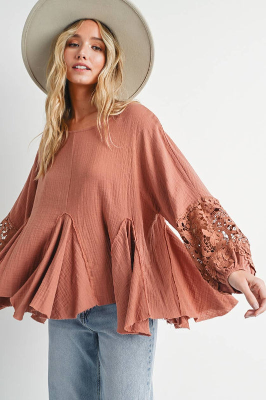 Carrie Crochet Trimmed Sleeve Top ~ Clay