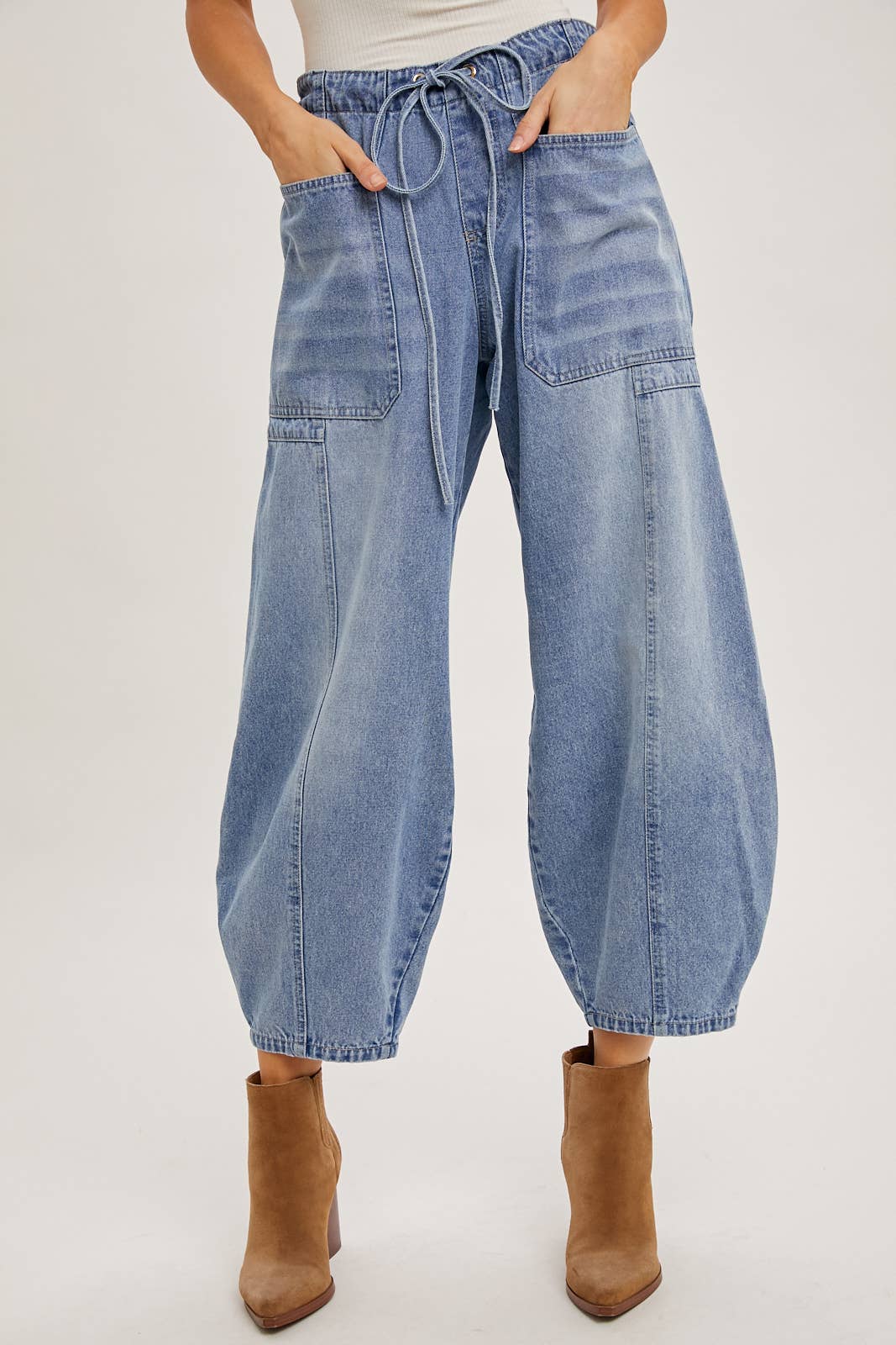 Maya Mid Rise Drawstrings Barrel Jeans ~ Light Denim