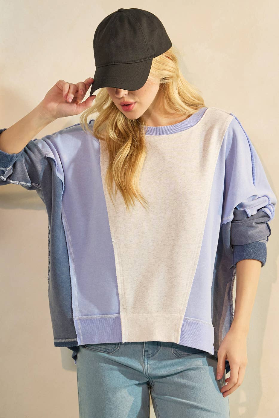 Dolly Mineral Wash Color Block Doman Sleeve Pullover ~ Blue